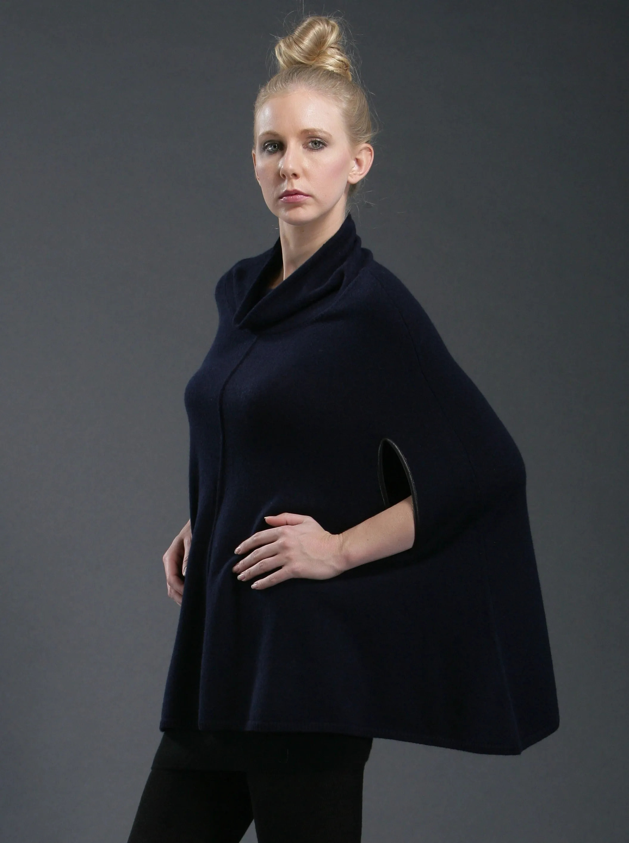 Turtleneck Poncho with Leather Trim