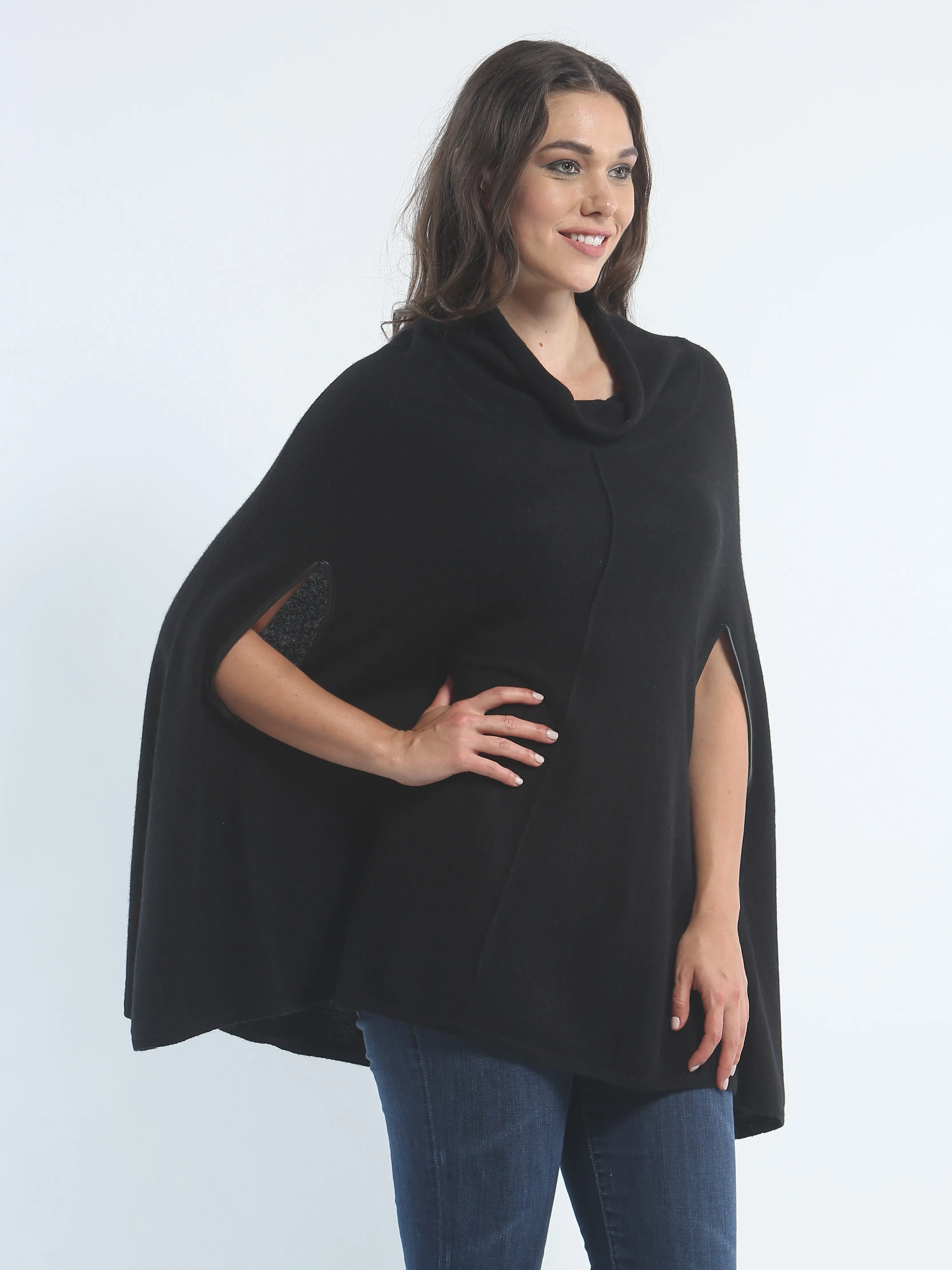 Turtleneck Poncho with Leather Trim