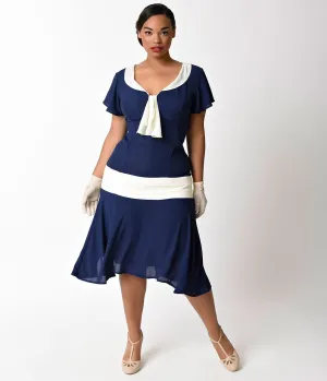 Unique Vintage Plus Size 1920s Style Navy Blue & Ivory Wilshire Chiffon Flapper Day Dress