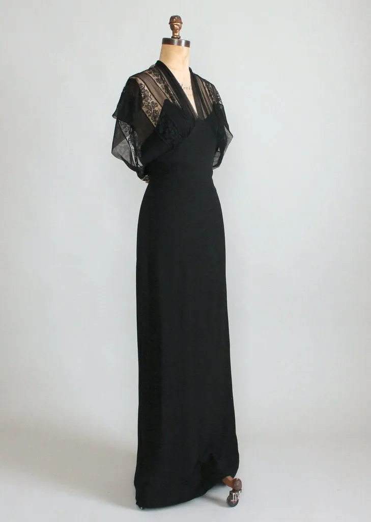 Vintage 1930s Black Lace and Crepe Evening Dress