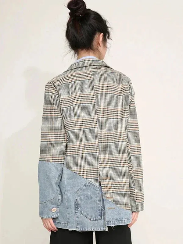 Wenkouban-Winter outfits Christmas Black Friday Blue Denim Patchwork Plaid Blazer Jacket