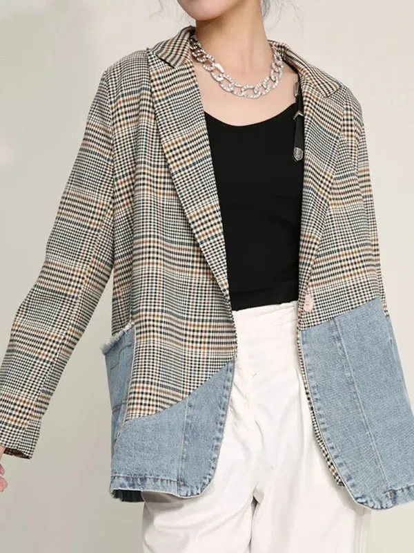 Wenkouban-Winter outfits Christmas Black Friday Blue Denim Patchwork Plaid Blazer Jacket