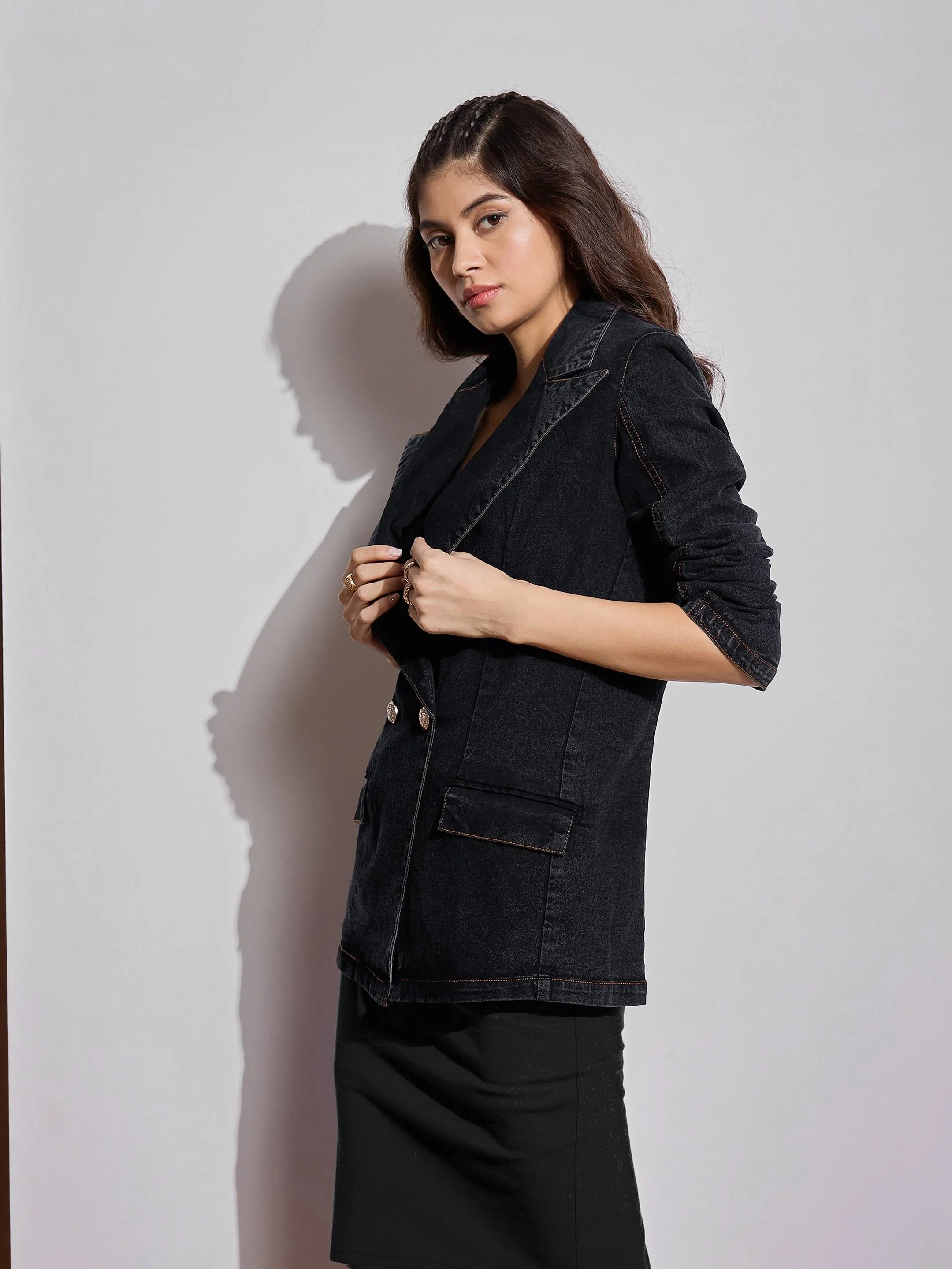 Women Black Washed Notch Collar Full Sleeve Blazer