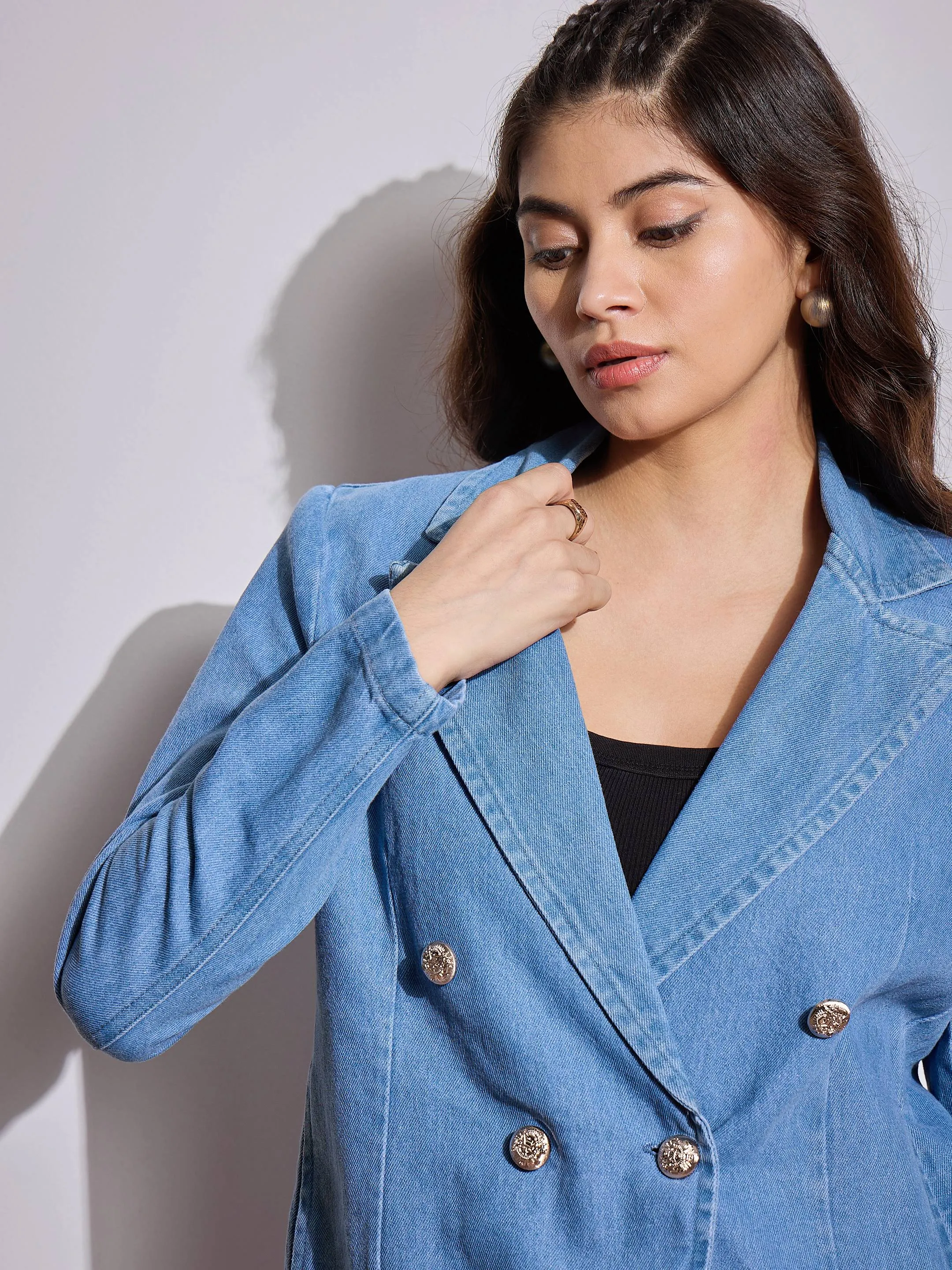 Women Blue Denim Front Button Notch Collar Crop Blazer