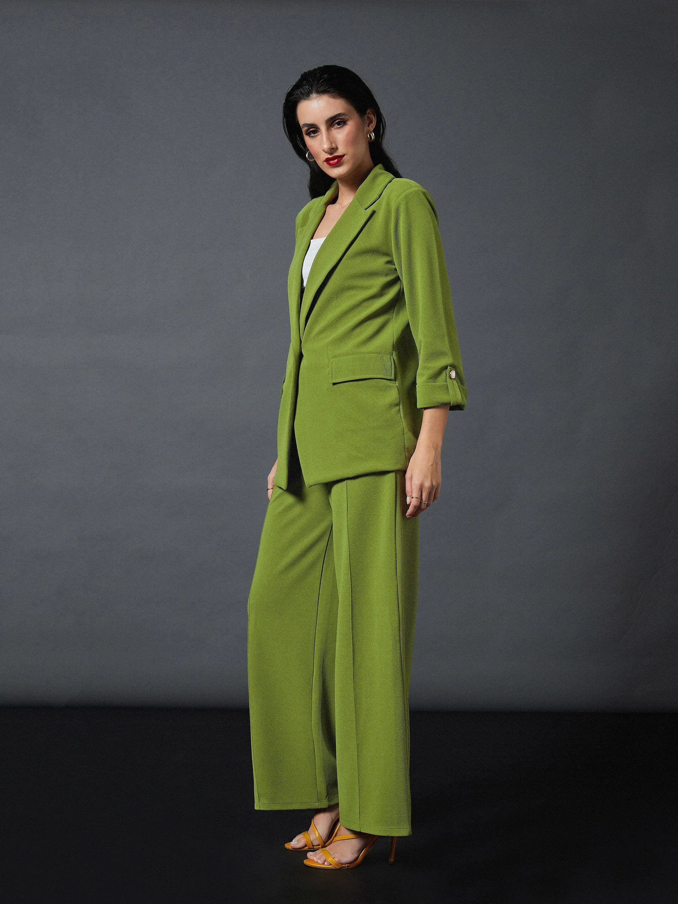 Women Olive Front Button Blazer With Palazzo Pants