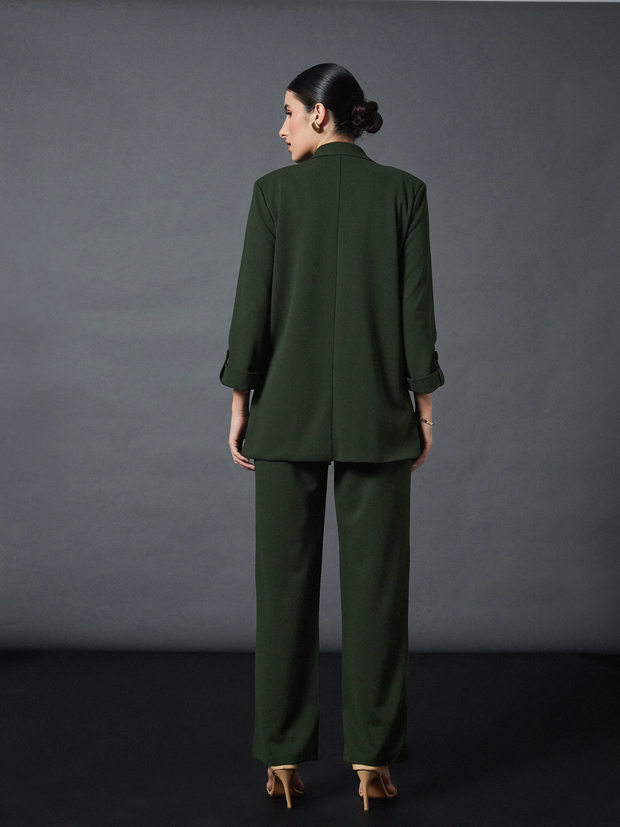 Women Olive Longline Blazer With Darted Pants