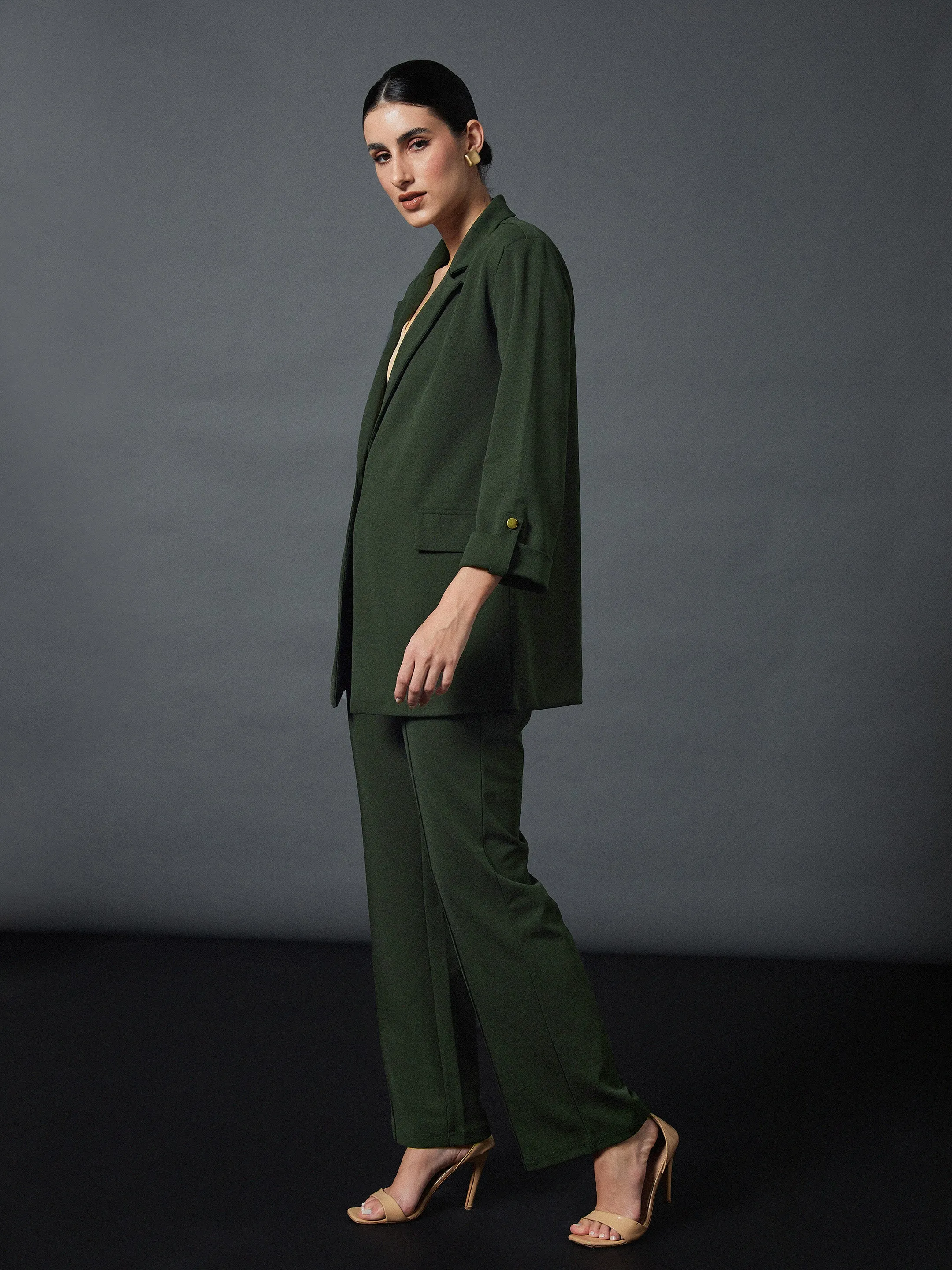 Women Olive Longline Blazer With Darted Pants