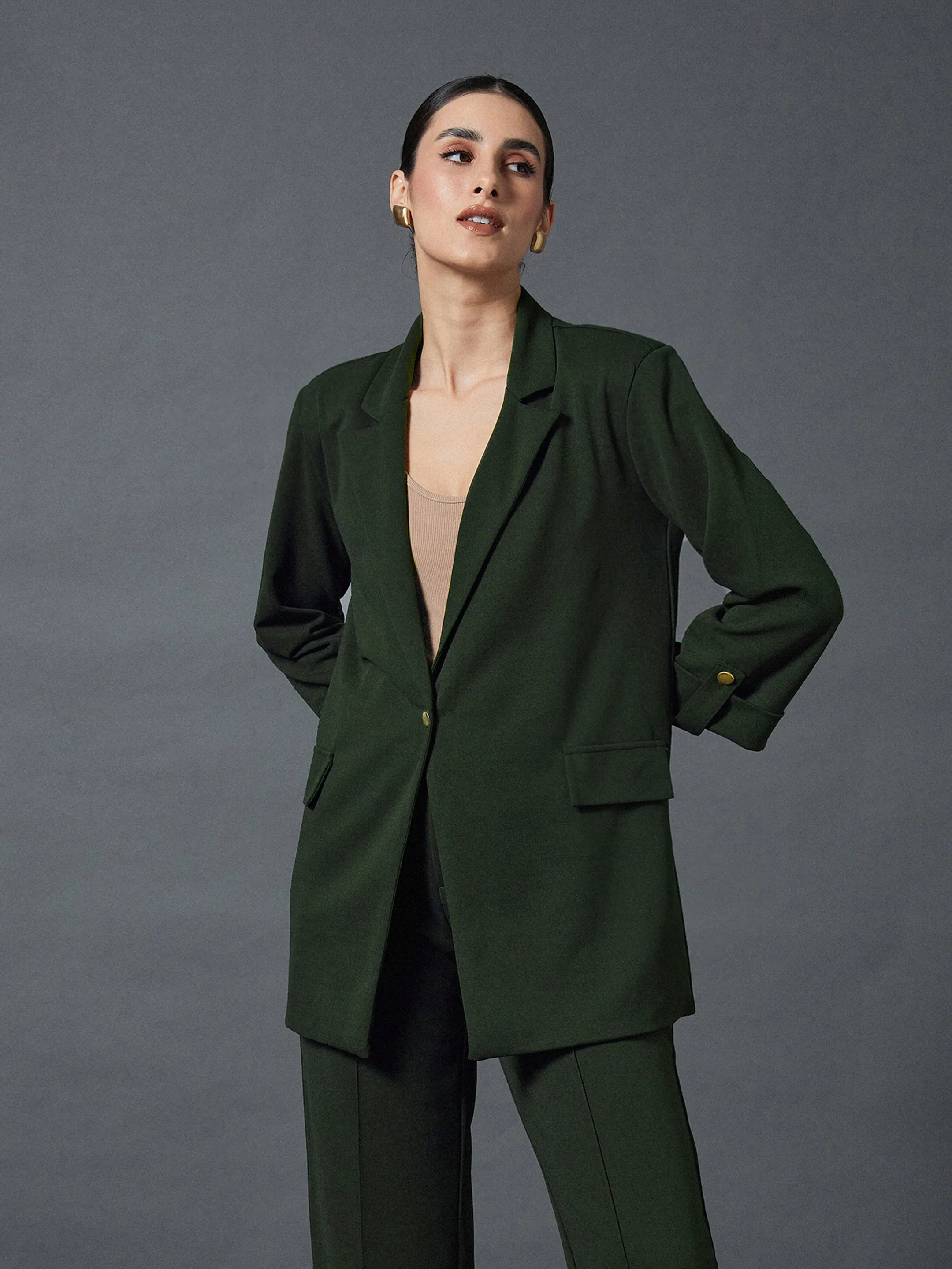 Women Olive Longline Front Open Blazer