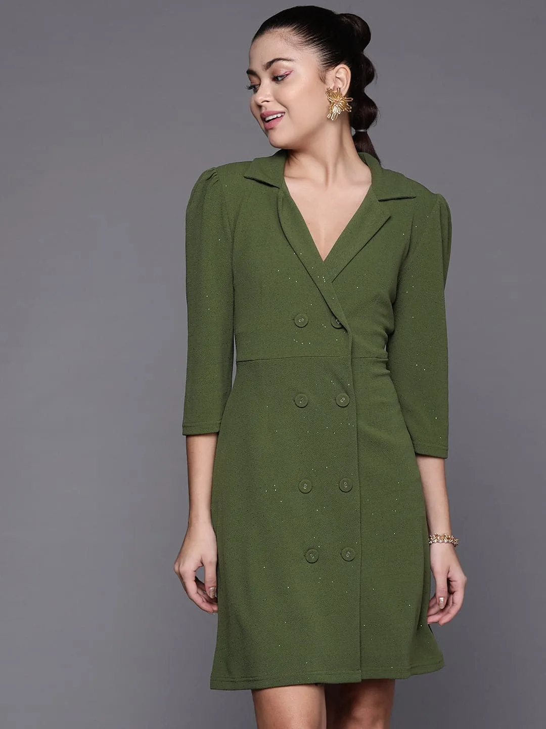 Women Olive Shimmer Double Breasted Blazer Dress