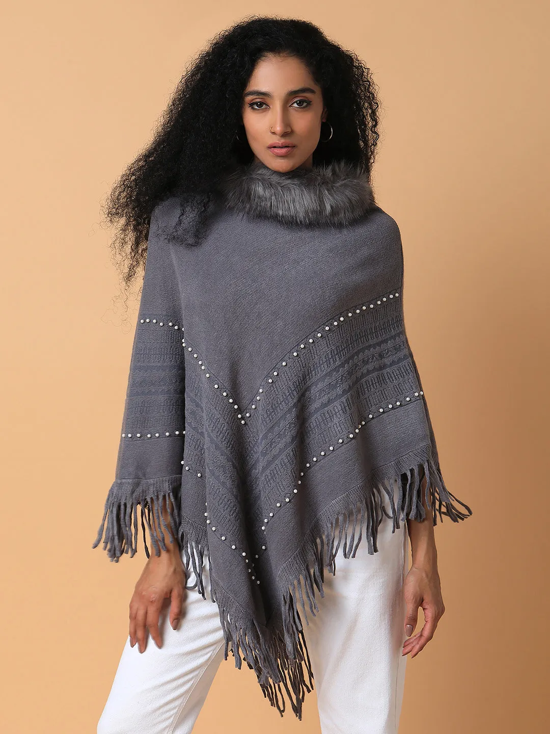 Women Solid Grey Longline Poncho