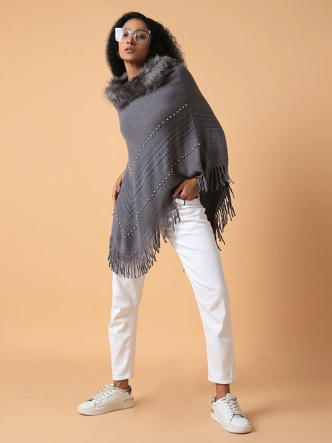 Women Solid Grey Longline Poncho