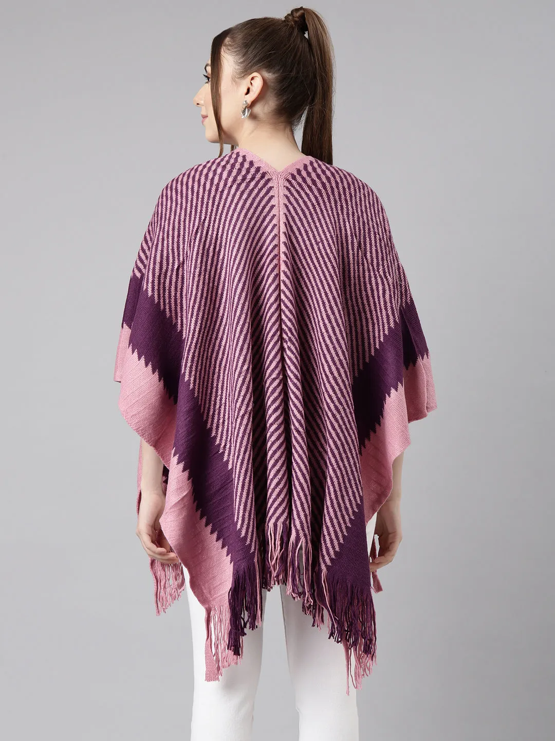 Women Striped Purple Longline Front-Open Poncho