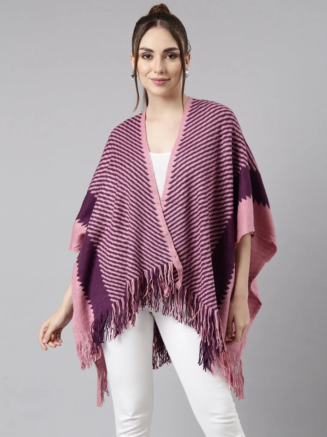 Women Striped Purple Longline Front-Open Poncho