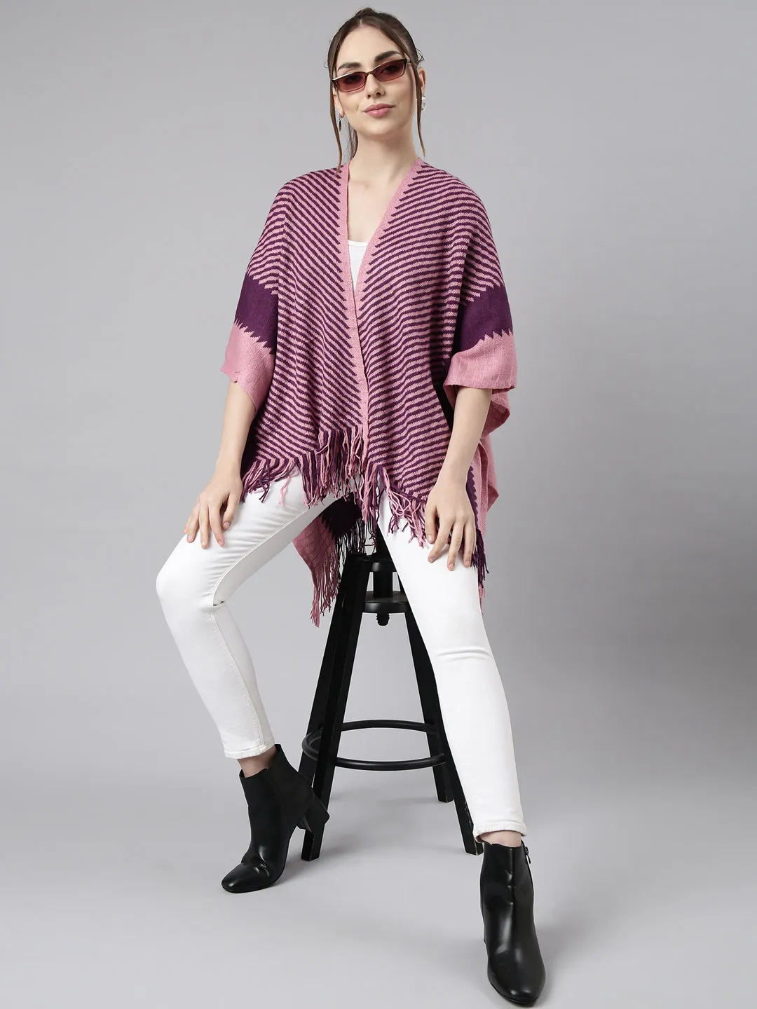 Women Striped Purple Longline Front-Open Poncho