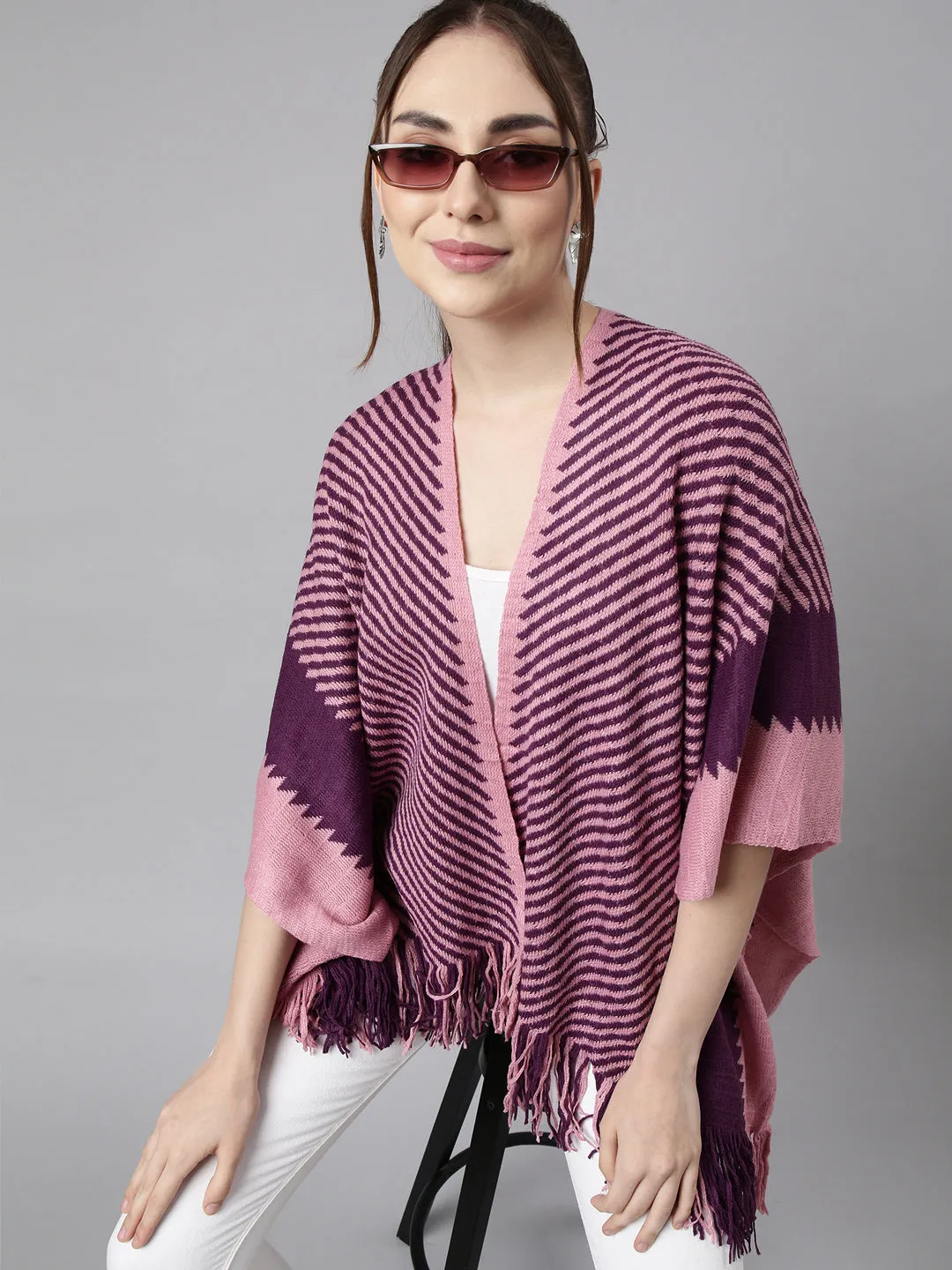 Women Striped Purple Longline Front-Open Poncho