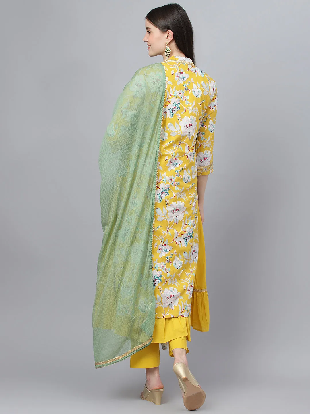 Women Yellow Cotton Kurta Pant Set With Nazneen Dupatta