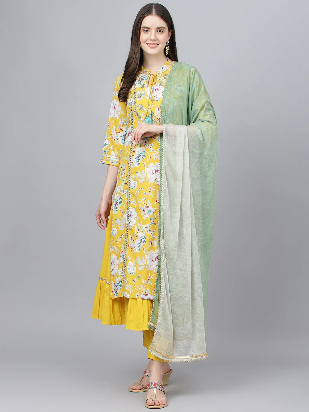 Women Yellow Cotton Kurta Pant Set With Nazneen Dupatta