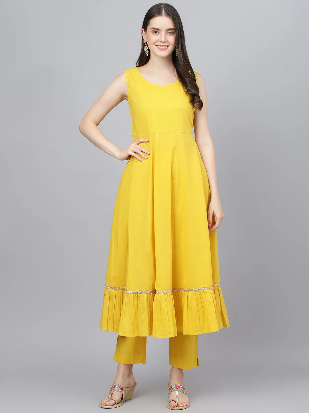 Women Yellow Cotton Kurta Pant Set With Nazneen Dupatta