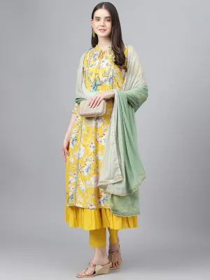 Women Yellow Cotton Kurta Pant Set With Nazneen Dupatta