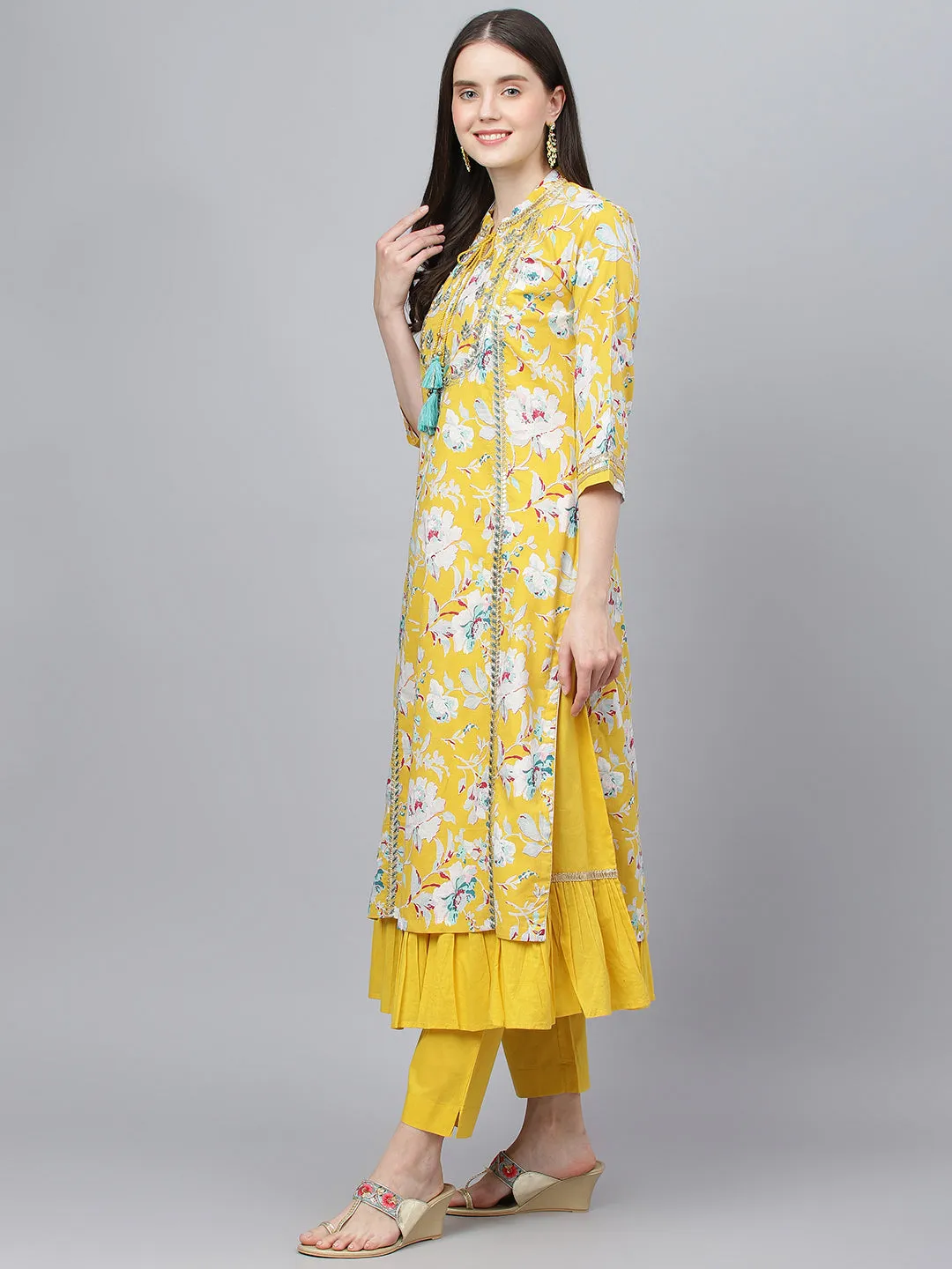 Women Yellow Cotton Kurta Pant Set With Nazneen Dupatta