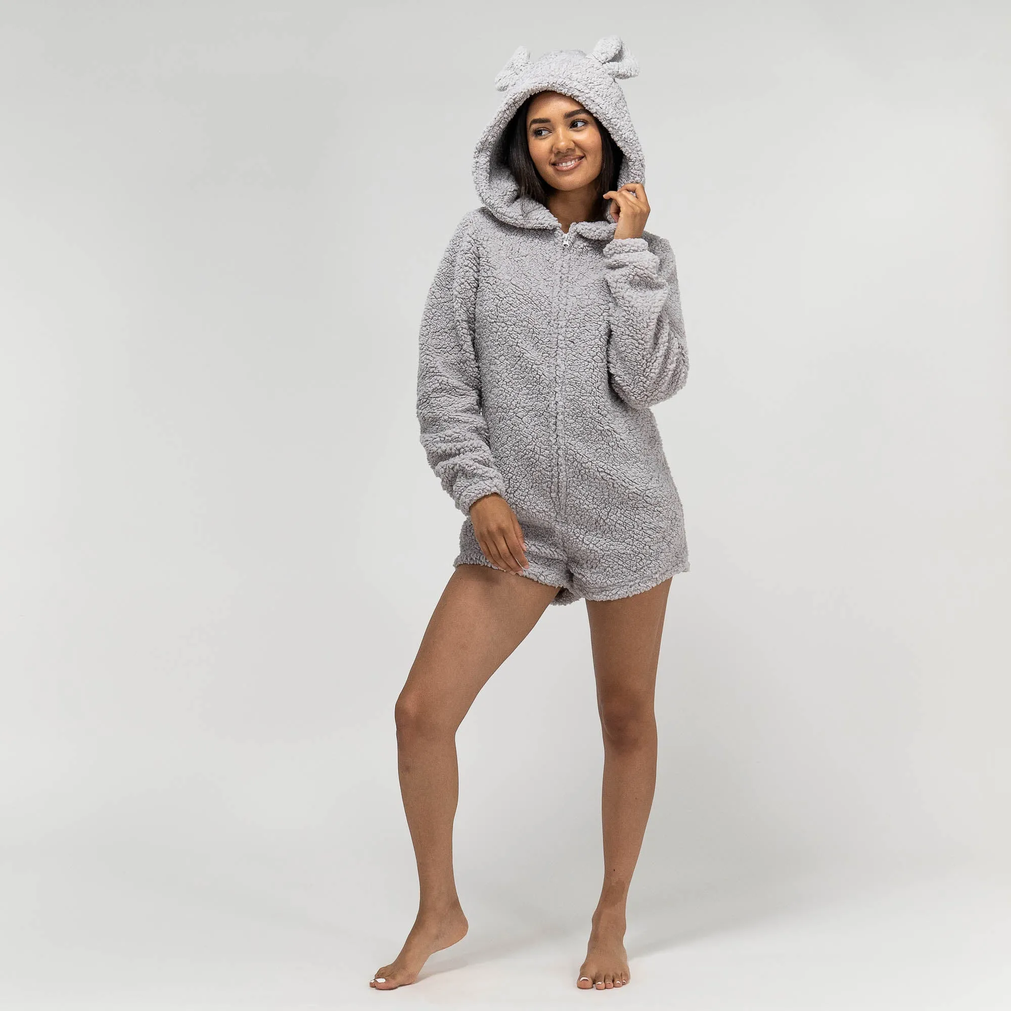 Women's Grey Teddy Ear Fleece Romper