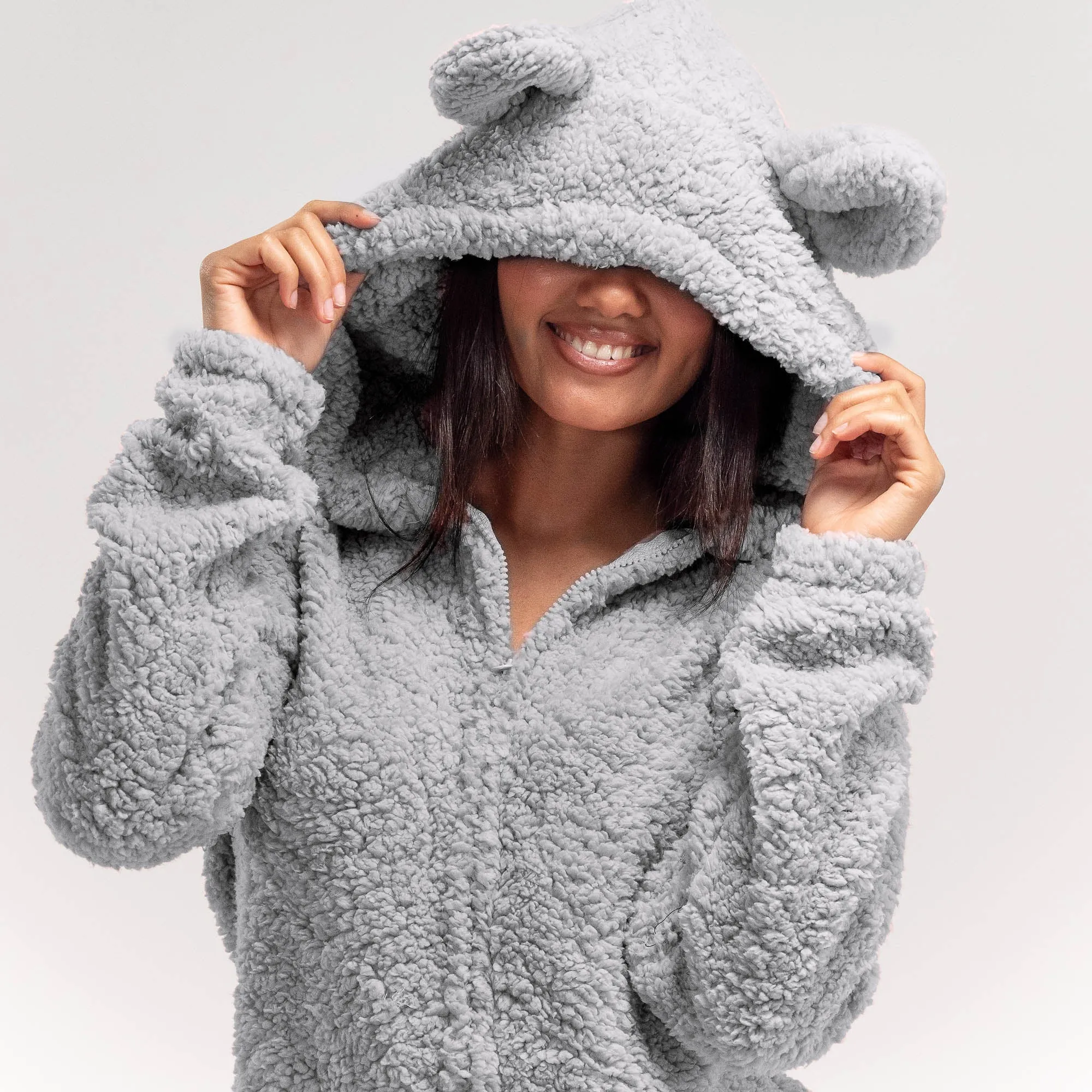 Women's Grey Teddy Ear Fleece Romper