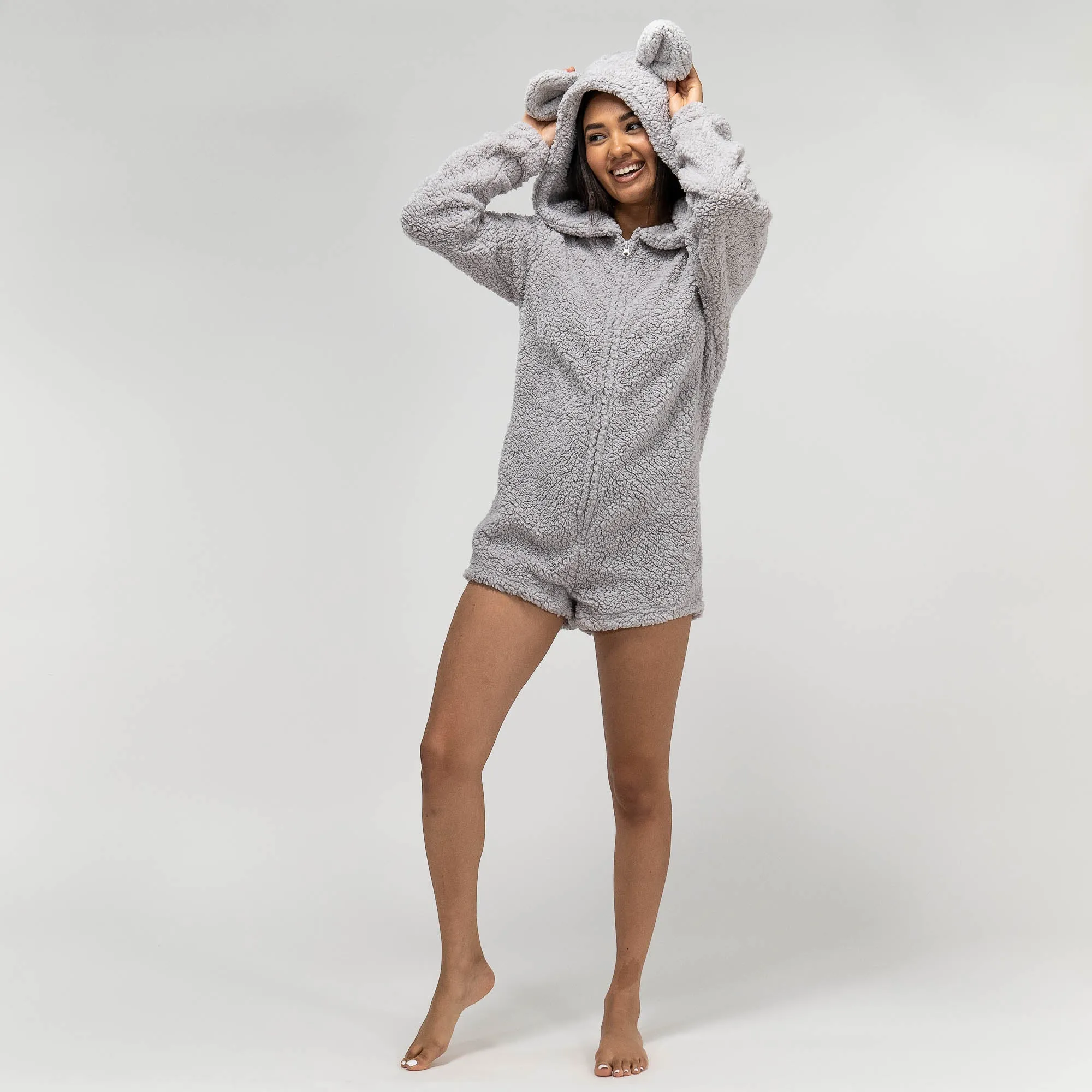 Women's Grey Teddy Ear Fleece Romper