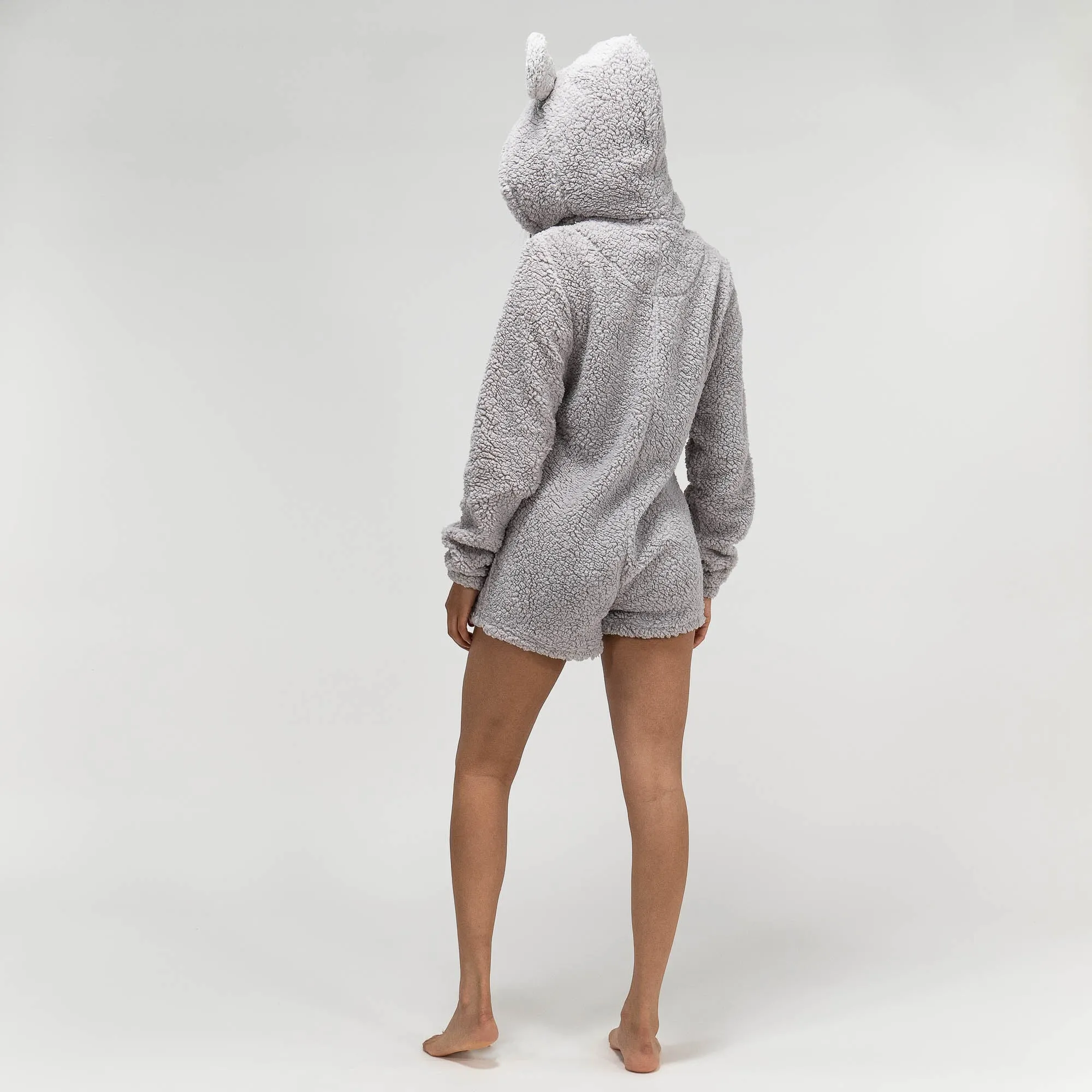 Women's Grey Teddy Ear Fleece Romper