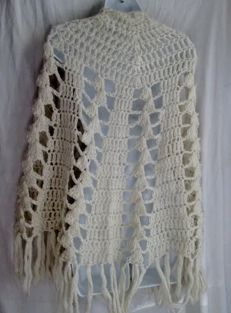 Womens HAND CROCHETTED IMPORT Fringe Crochet Knit SCARF Shawl Wrap PONCHO WHITE Boho