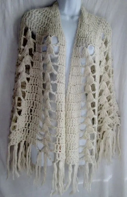 Womens HAND CROCHETTED IMPORT Fringe Crochet Knit SCARF Shawl Wrap PONCHO WHITE Boho