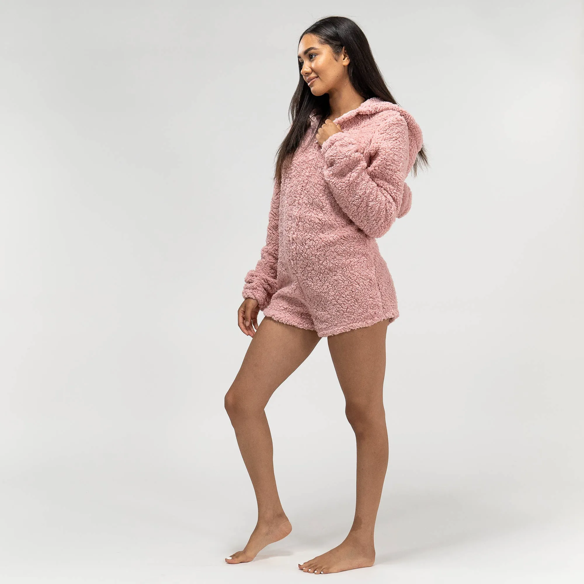 Women's Pink Teddy Ear Fleece Romper