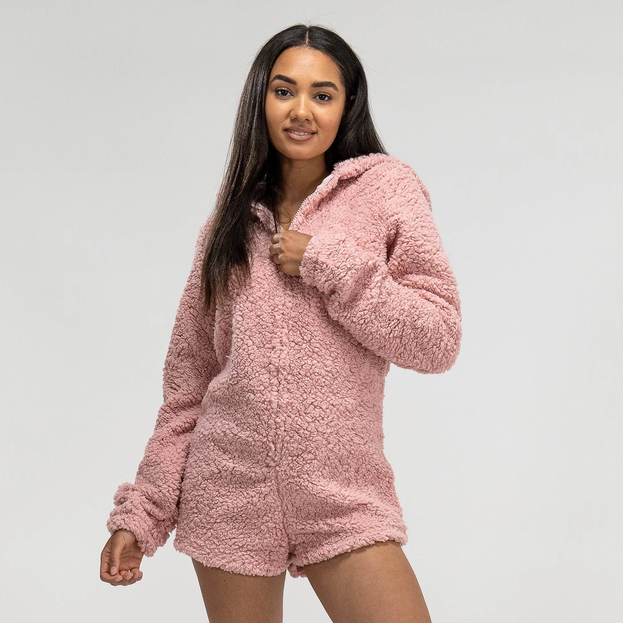 Women's Pink Teddy Ear Fleece Romper