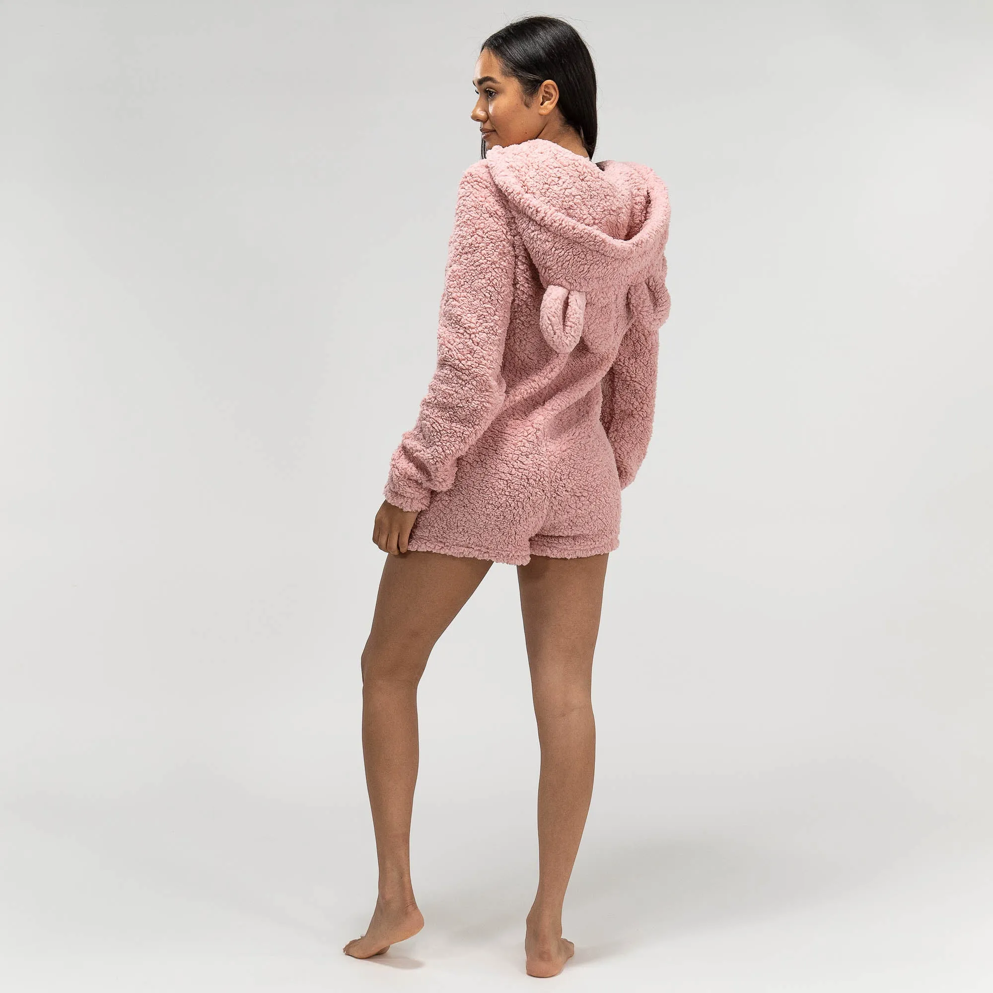 Women's Pink Teddy Ear Fleece Romper