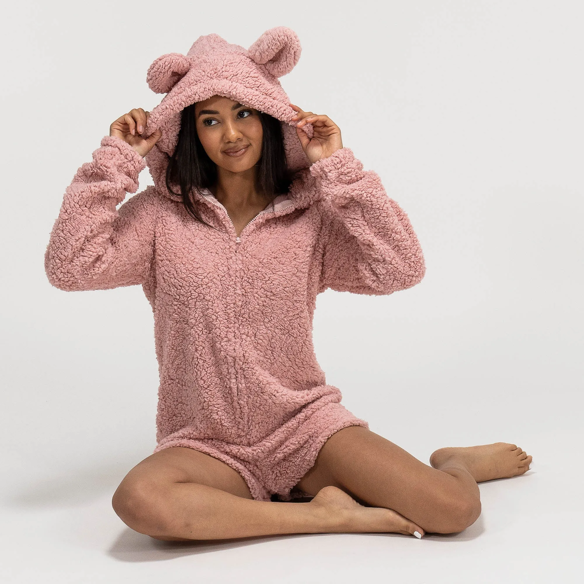 Women's Pink Teddy Ear Fleece Romper