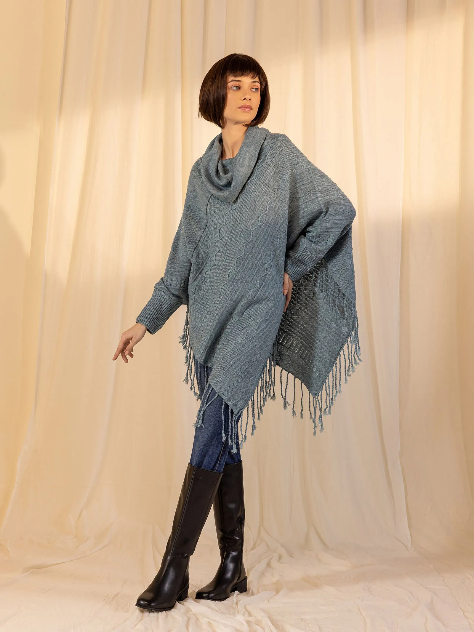 Woolen Cowl Neck Poncho - Iceberg