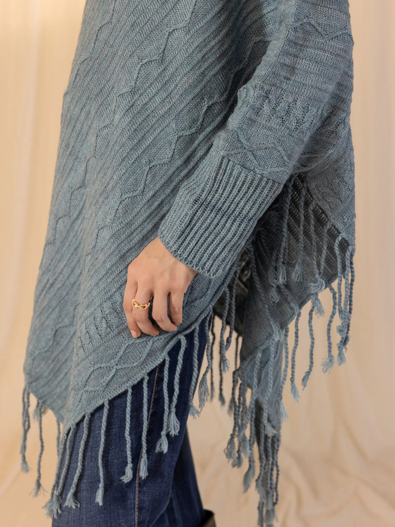 Woolen Cowl Neck Poncho - Iceberg