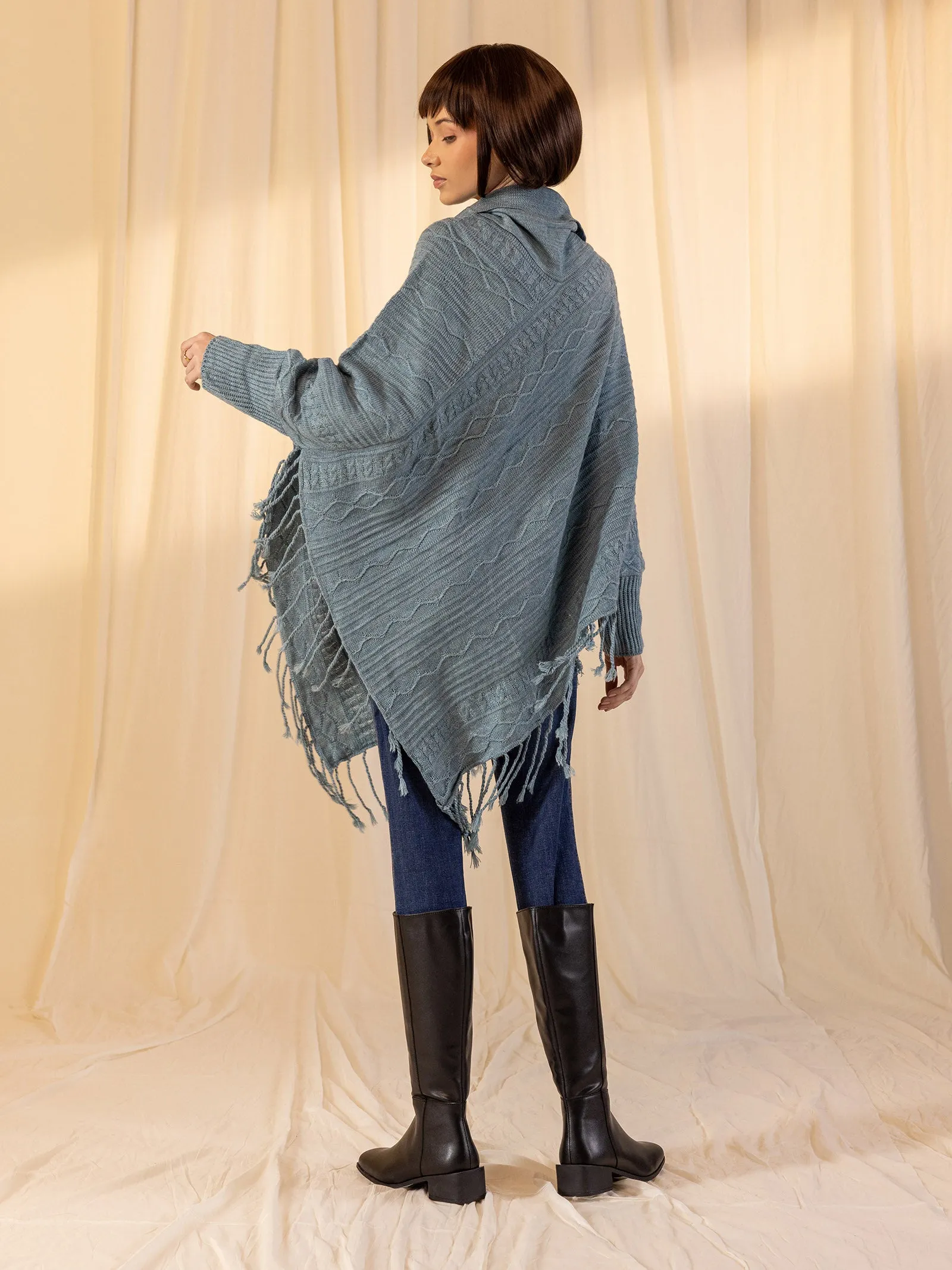 Woolen Cowl Neck Poncho - Iceberg