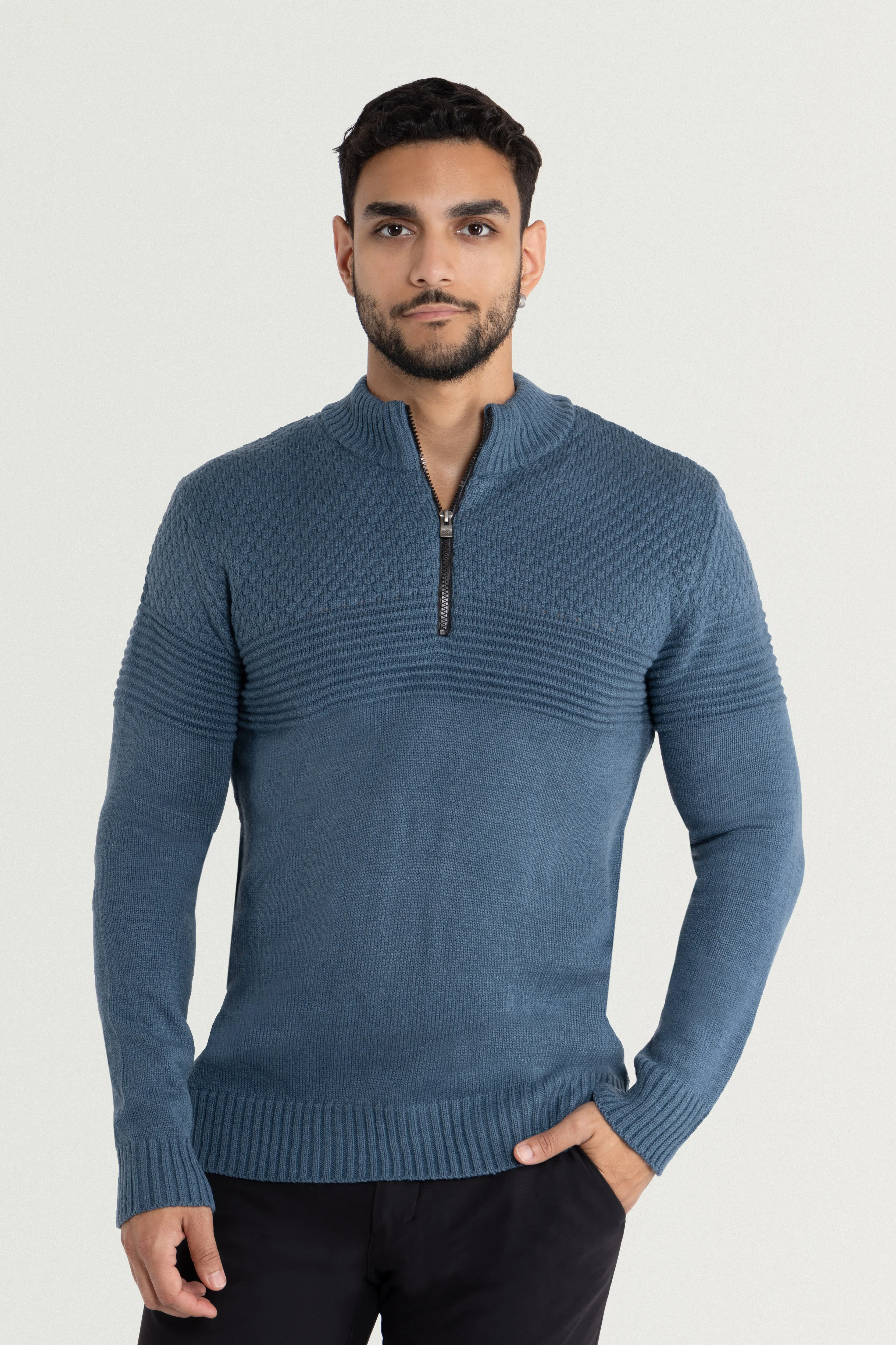 X RAY Men's Mock Neck Texture Pattern Block Quarter Zip Knitted Sweater