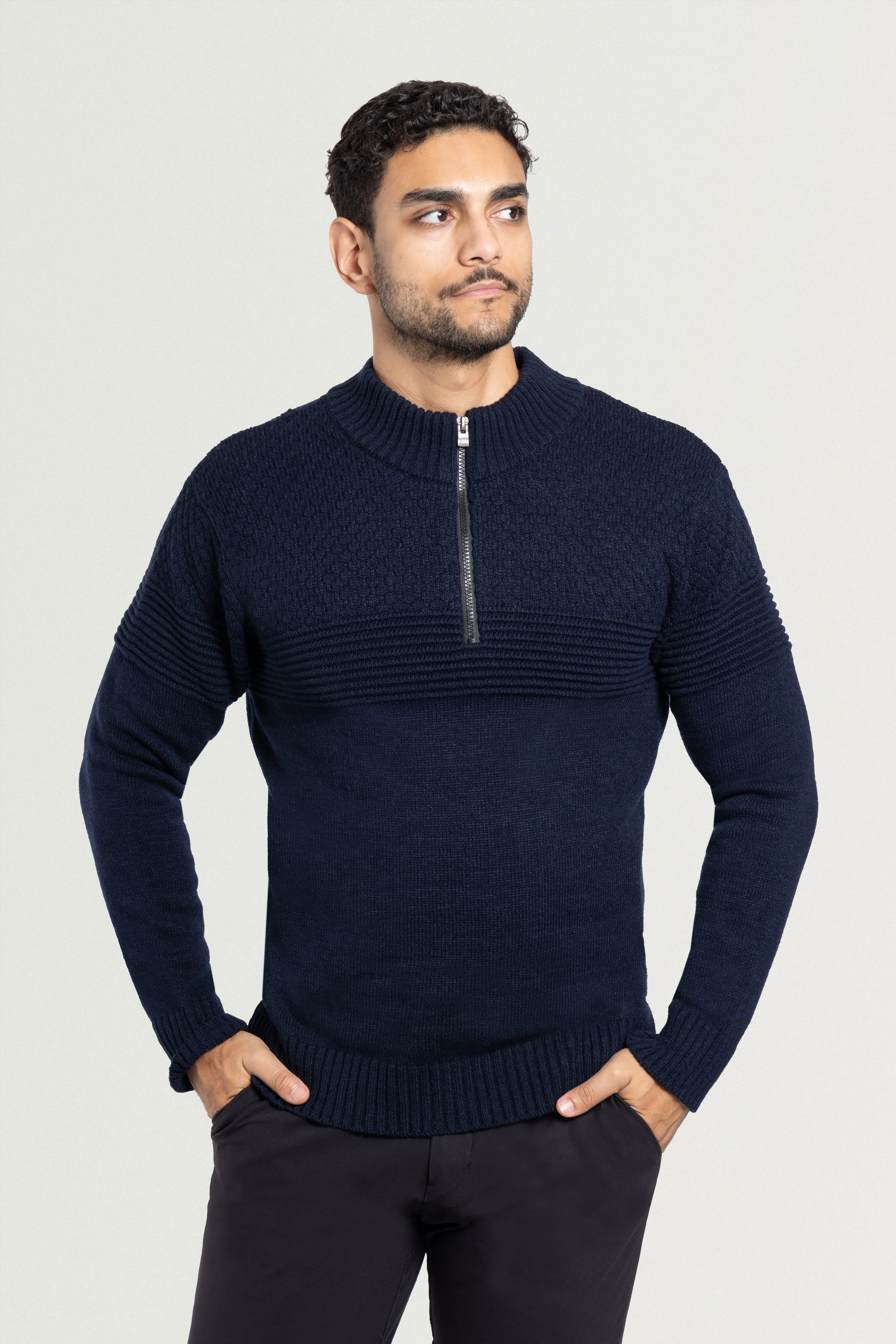 X RAY Men's Mock Neck Texture Pattern Block Quarter Zip Knitted Sweater