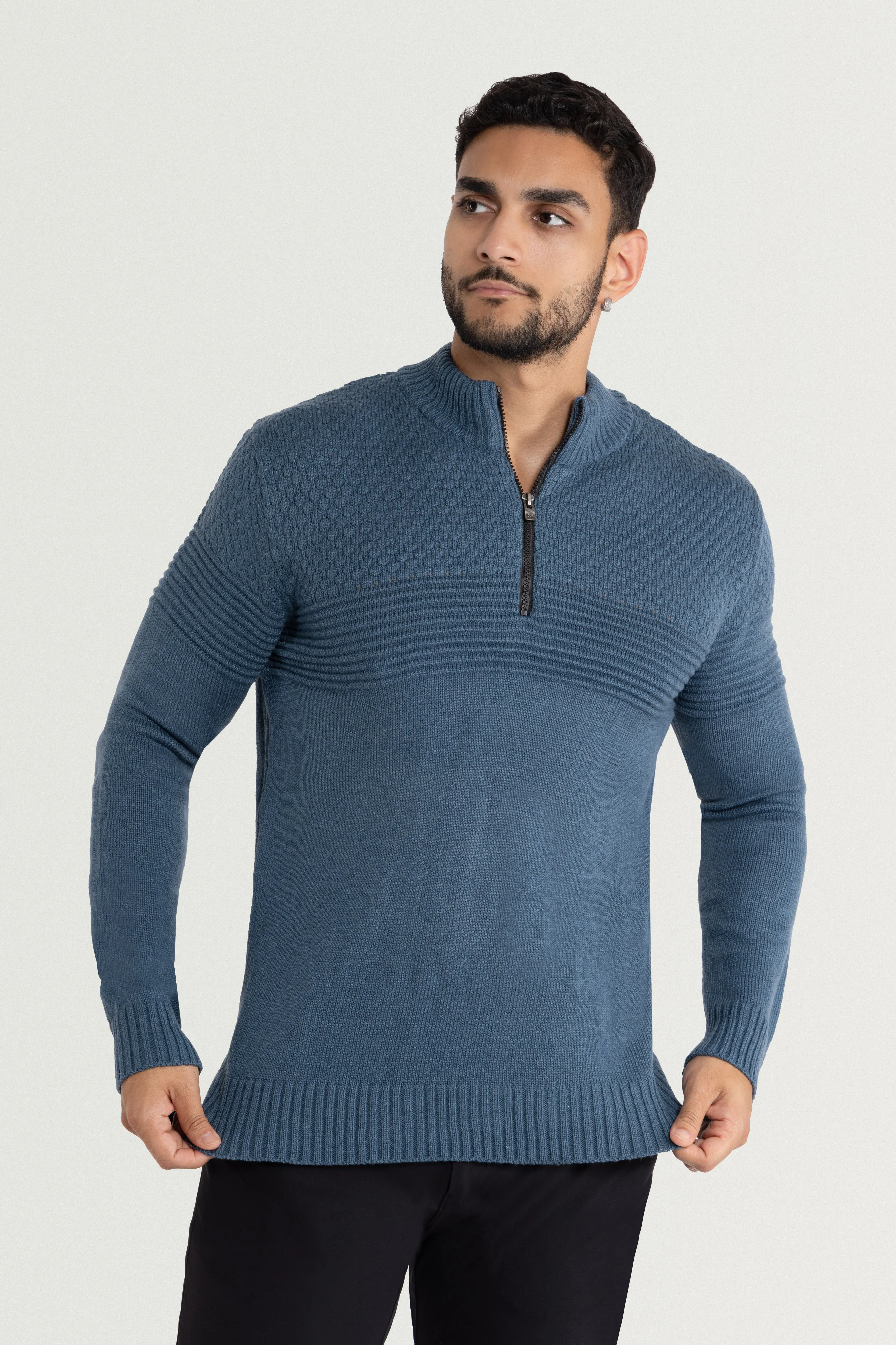 X RAY Men's Mock Neck Texture Pattern Block Quarter Zip Knitted Sweater