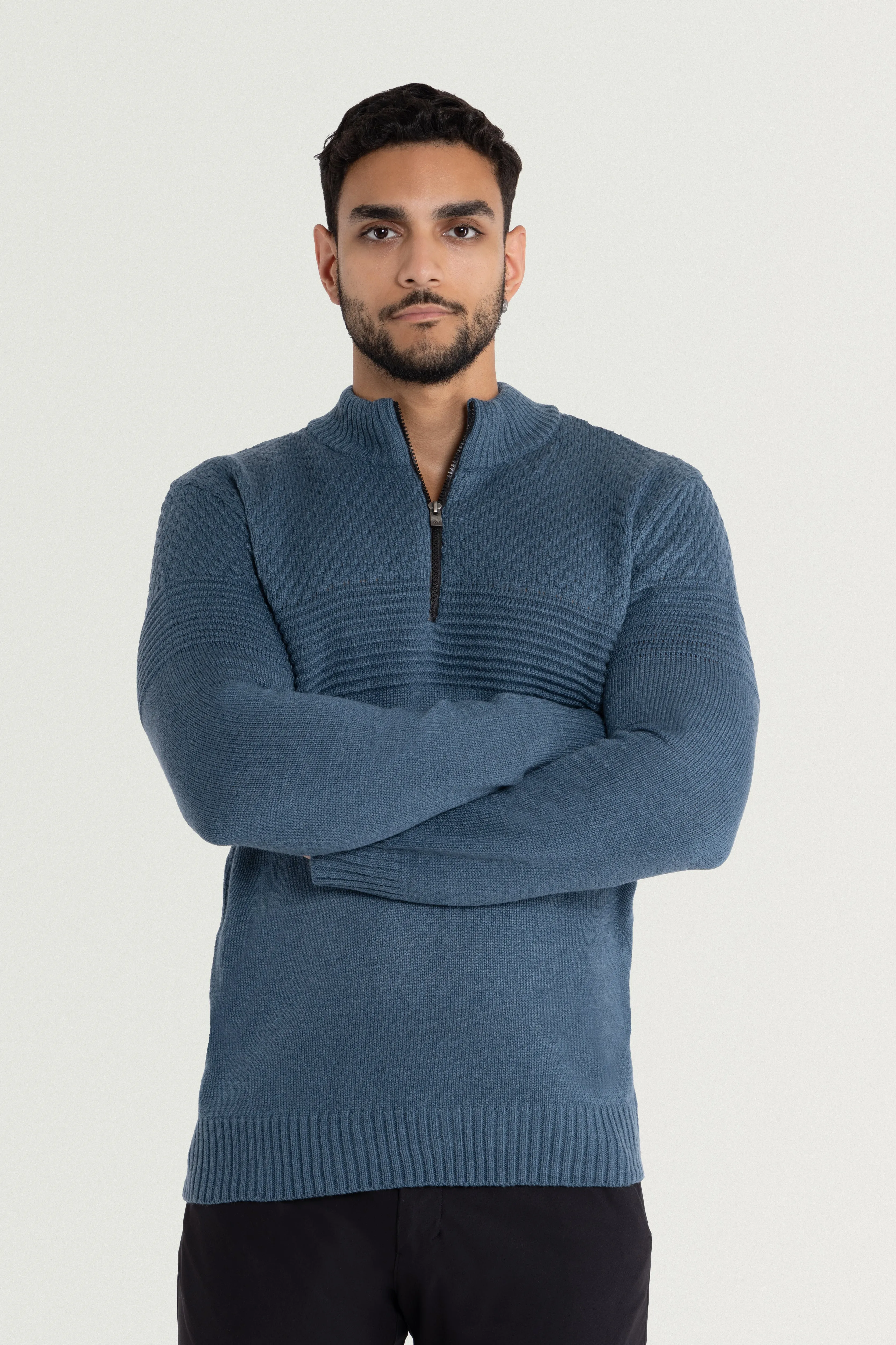 X RAY Men's Mock Neck Texture Pattern Block Quarter Zip Knitted Sweater