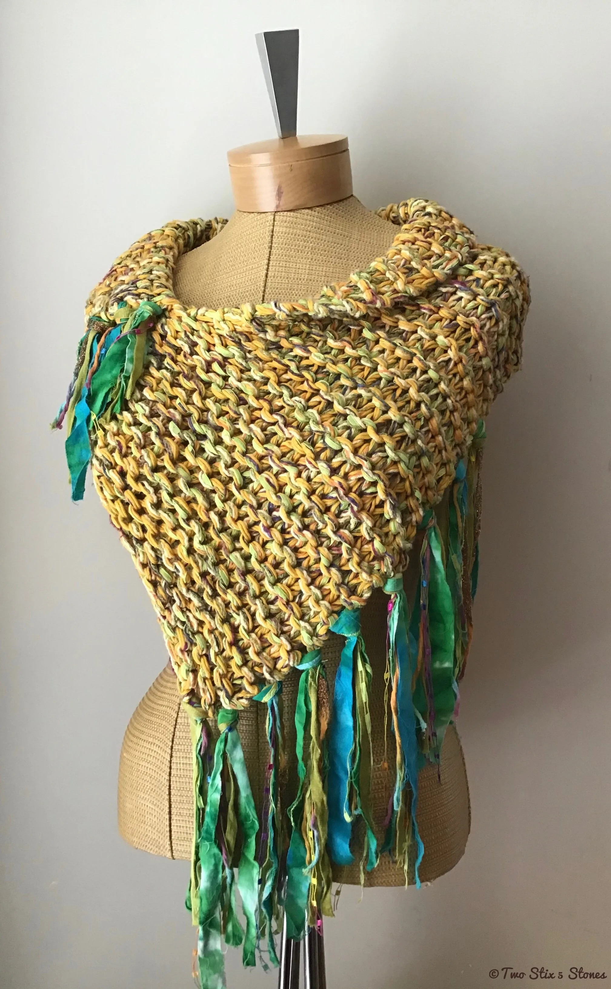 Yellow & Green Tweed Knit Shawl w/Fringe